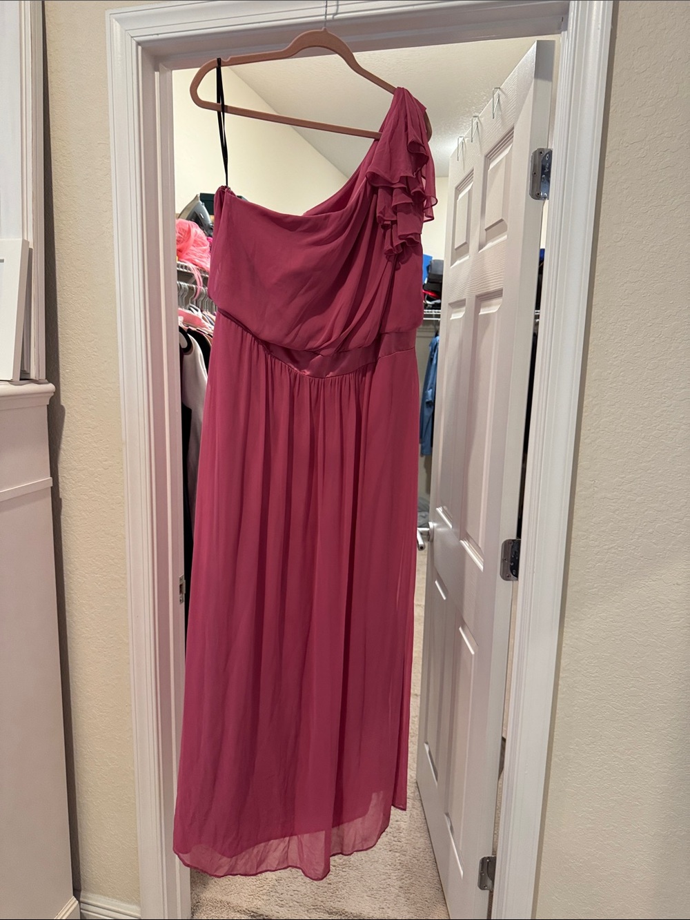 After Six One-Shoulder Ruffle Chiffon Gown in Rose
